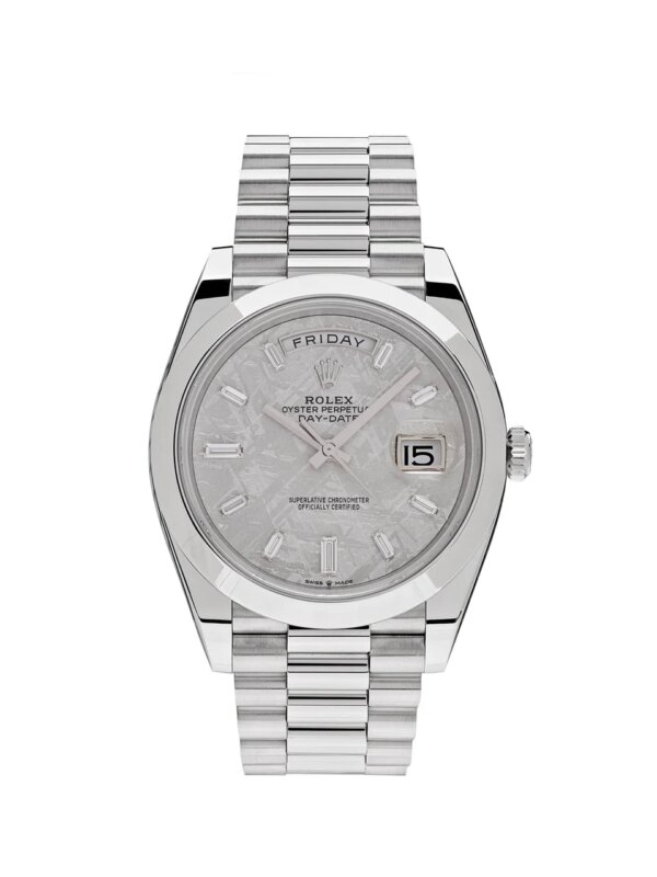Rolex Day-Date 40 Platinum Watch with Meteorite Diamond Dial and Caliber 3255 Movement.