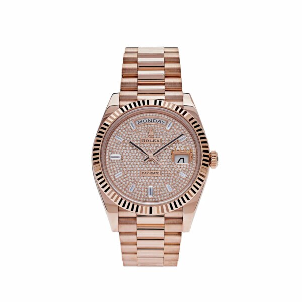 Rolex Day-Date 40 Rose Gold Diamond-Paved Dial with Baguette Diamonds and Fluted Bezel.
