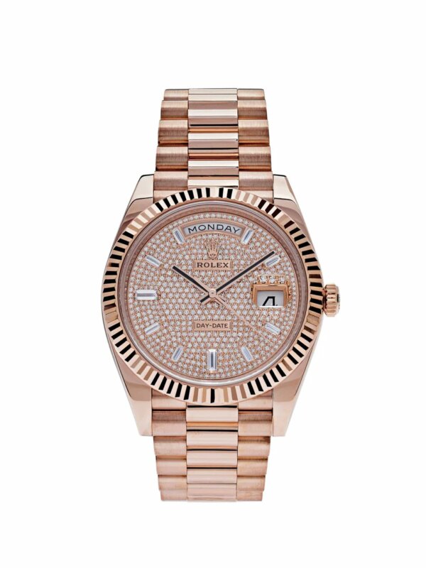 Rolex Day-Date 40 Rose Gold Diamond-Paved Dial with Baguette Diamonds and Fluted Bezel.