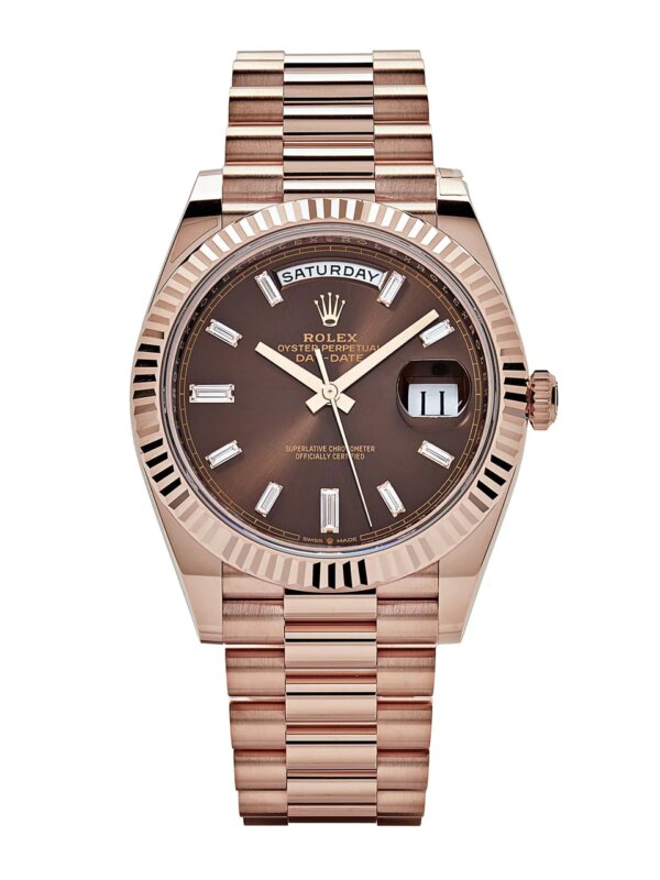 Rolex Day-Date 228235 rose gold watch with chocolate dial and baguette-cut diamond hour markers.