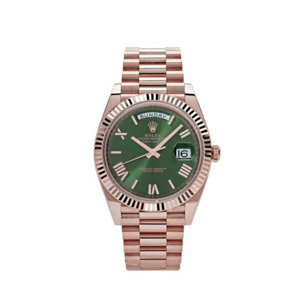 Rolex Day-Date 40 228235 in rose gold with an olive green dial and polished finish.