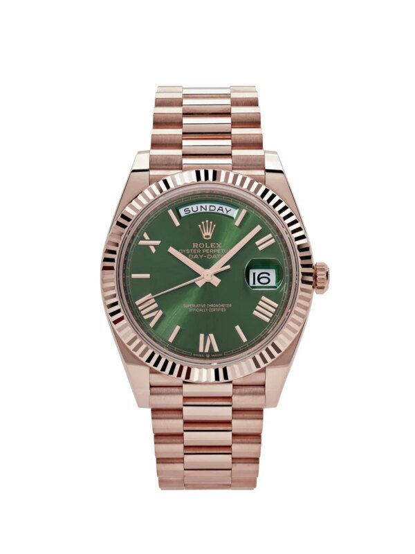 Rolex Day-Date 40 228235 in rose gold with an olive green dial and polished finish.