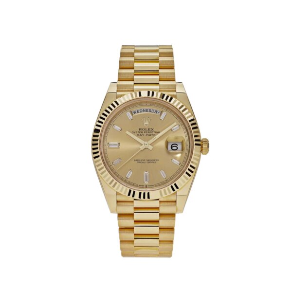 Rolex Day-Date 228238 Yellow Gold Champagne Dial with diamond hour markers and Presidential bracelet.