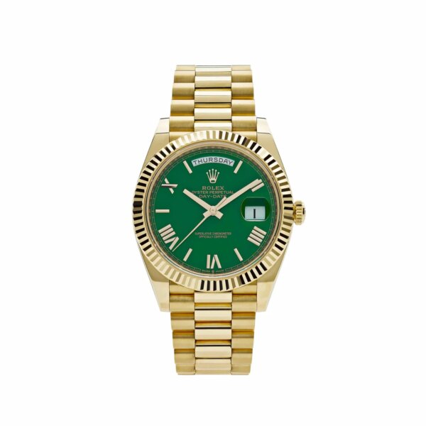 Rolex Day-Date 228238 Yellow Gold Green Roman Dial with Presidential bracelet.
