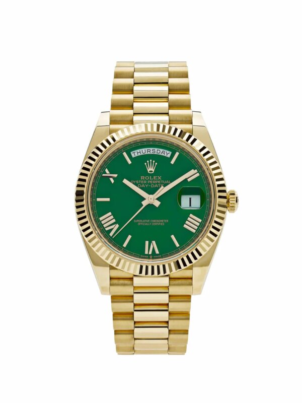 Rolex Day-Date 228238 Yellow Gold Green Roman Dial with Presidential bracelet.