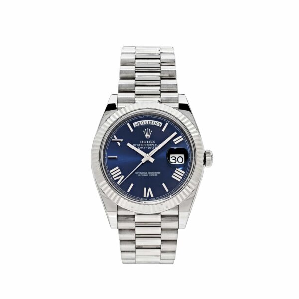 Rolex Day-Date 40 White Gold Watch with Smooth Bezel and Elegant Blue Dial.