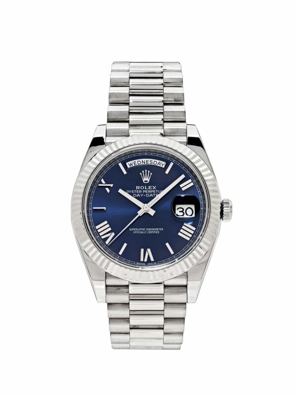 Rolex Day-Date 40 White Gold Watch with Smooth Bezel and Elegant Blue Dial.