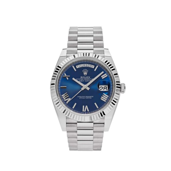 Rolex Day-Date 228239 White Gold Blue Dial 2023 - 40mm 18ct white gold case, blue dial with Roman numerals, fluted bezel, and Presidential bracelet.
