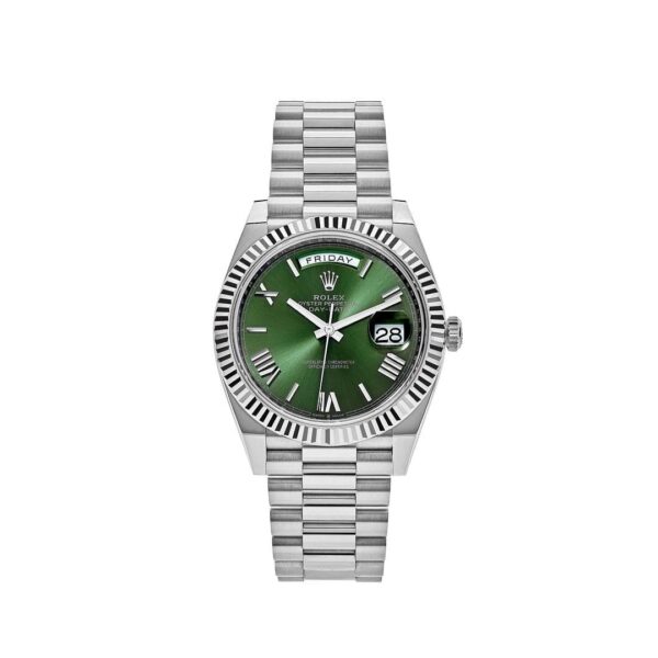Rolex Day-Date 40 White Gold Watch with Olive Green Sunray Dial and Polished Finish.