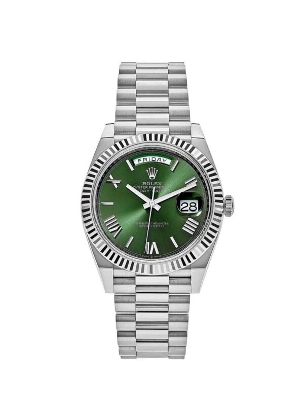 Rolex Day-Date 40 White Gold Watch with Olive Green Sunray Dial and Polished Finish.