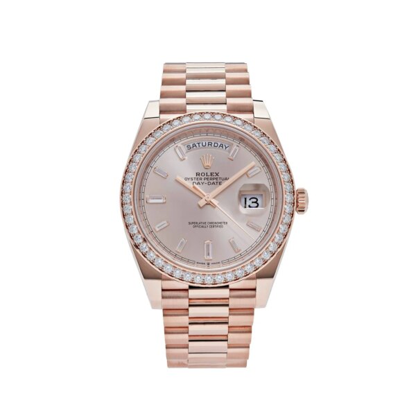 Rolex Day-Date 40 Rose Gold Diamond Bezel with Sundust Diamond Dial and President Bracelet.
