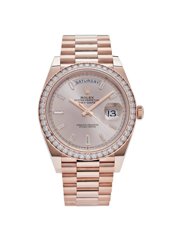Rolex Day-Date 40 Rose Gold Diamond Bezel with Sundust Diamond Dial and President Bracelet.