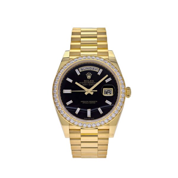 Rolex Day-Date 40 Yellow Gold Diamond Bezel Black Onyx Dial 228348RBR - 18k yellow gold watch with a diamond-set bezel, black onyx dial, and Caliber 3255.