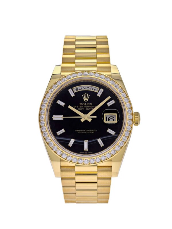 Rolex Day-Date 40 Yellow Gold Diamond Bezel Black Onyx Dial 228348RBR - 18k yellow gold watch with a diamond-set bezel, black onyx dial, and Caliber 3255.