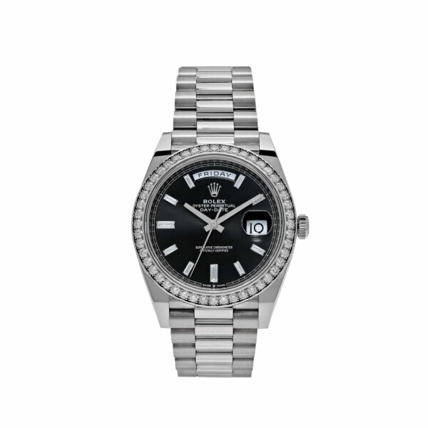 Rolex Day-Date 40 White Gold Black Diamond Dial 228349RBR - 18k white gold watch with a diamond-set bezel, black dial, and luminous markers, 40mm case, and Caliber 3255.