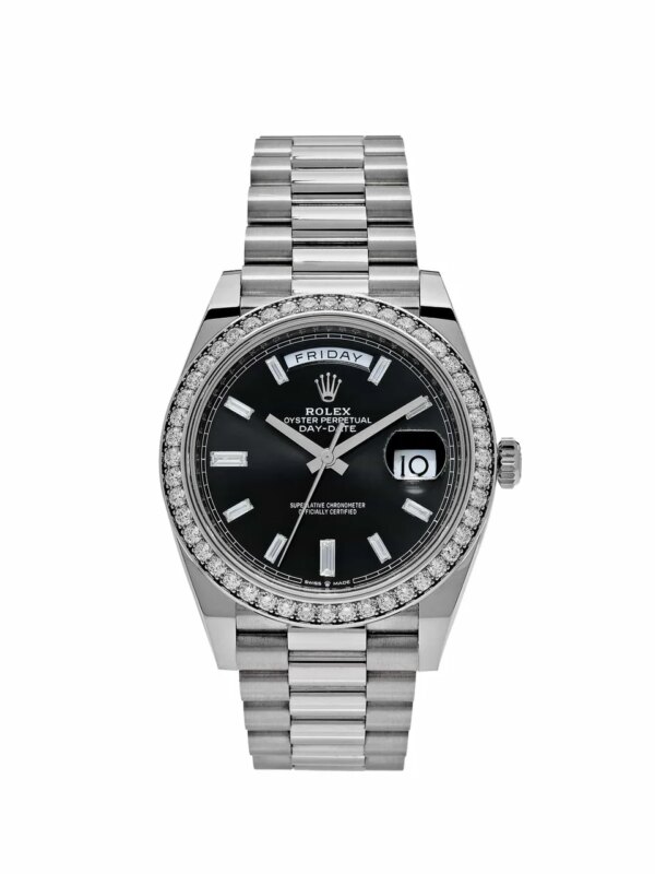 Rolex Day-Date 40 White Gold Black Diamond Dial 228349RBR - 18k white gold watch with a diamond-set bezel, black dial, and luminous markers, 40mm case, and Caliber 3255.
