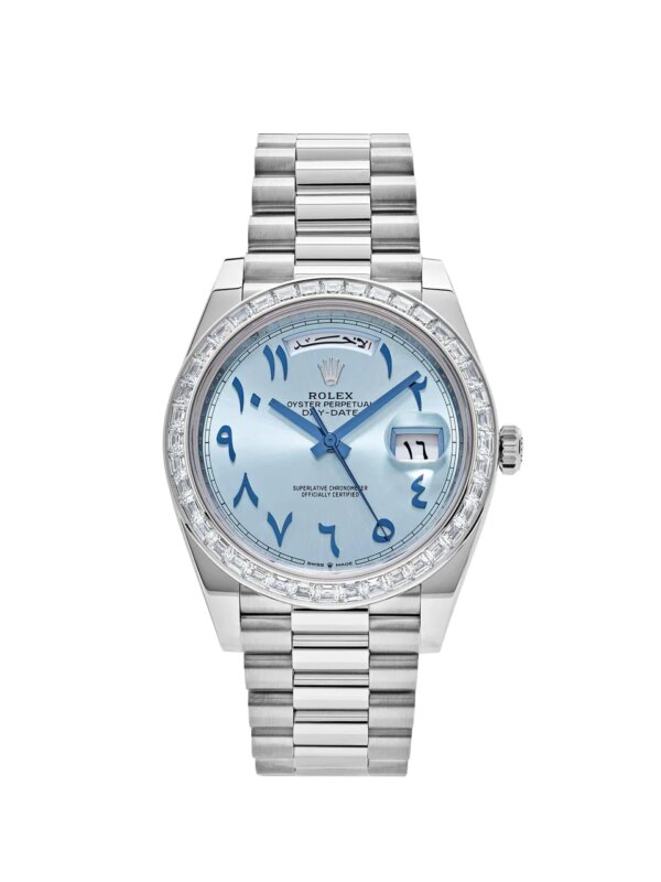 Rolex Day-Date 228396TBR Platinum Ice Blue Arabic Dial with Diamond Bezel and President bracelet, showcasing luxury design and Arabic numeral markers