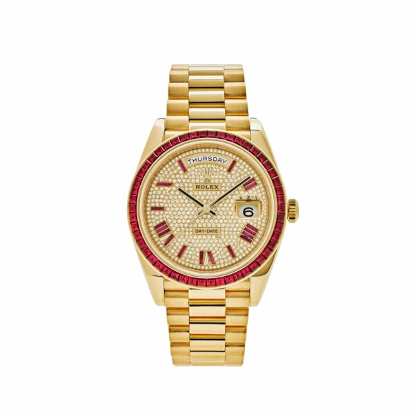 Rolex Day-Date 228398TRU Yellow Gold Ruby Roman Dial with Diamond and Ruby Bezel.