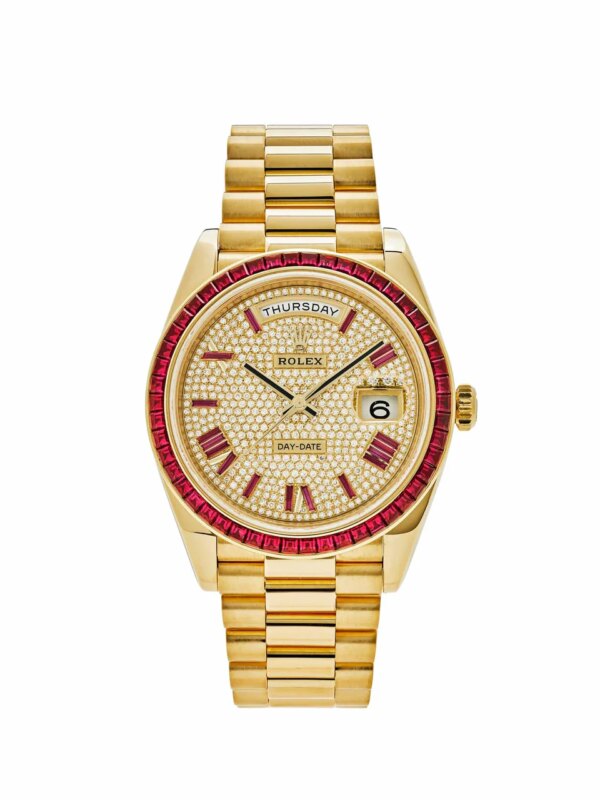 Rolex Day-Date 228398TRU Yellow Gold Ruby Roman Dial with Diamond and Ruby Bezel.
