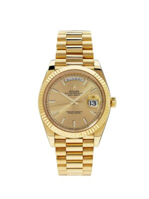 Rolex Day-Date 40 Yellow Gold 228238 featuring a champagne sunburst dial, 18k yellow gold case and President bracelet, combining classic luxury and modern innovation.