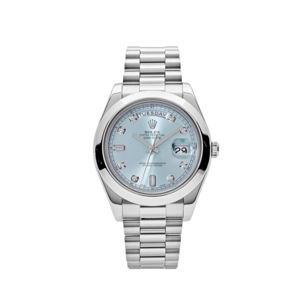 Rolex Day-Date II 218206 in platinum with an ice blue dial and diamond hour markers.