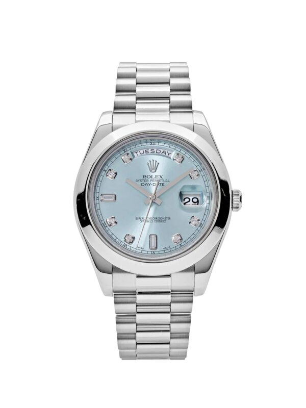 Rolex Day-Date II 218206 in platinum with an ice blue dial and diamond hour markers.