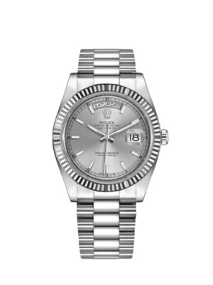 Rolex Day-Date II 218239 in white gold with a silver dial and President bracelet.
