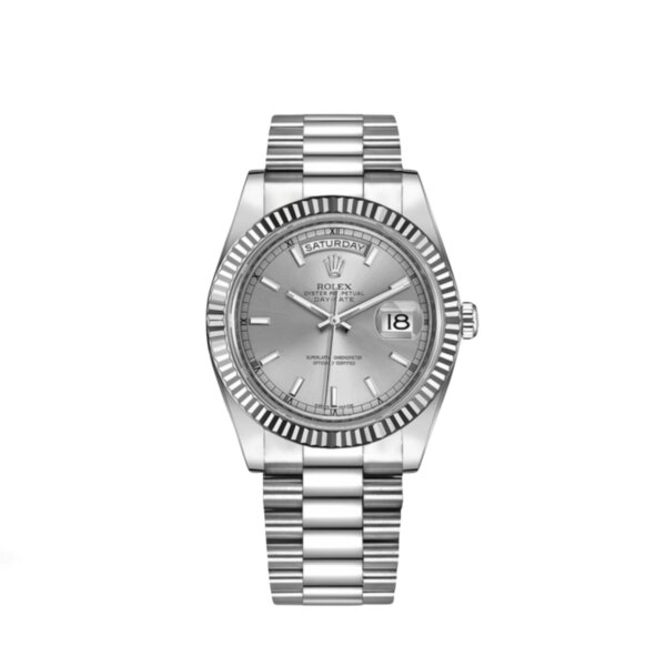 Rolex Day-Date II 218239 in white gold with a silver dial and President bracelet.