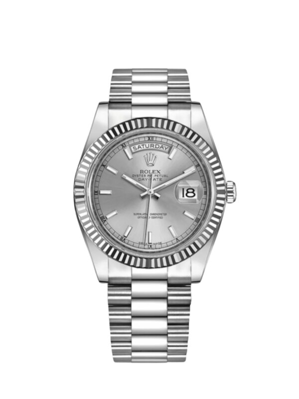 Rolex Day-Date II 218239 in white gold with a silver dial and President bracelet.
