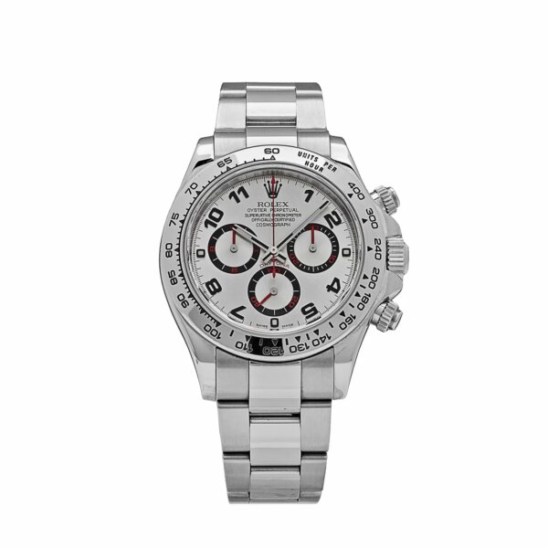 Rolex Daytona 116509 White Gold Watch with Silver Racing Dial, Oyster Bracelet, and Tachymetric Scale.