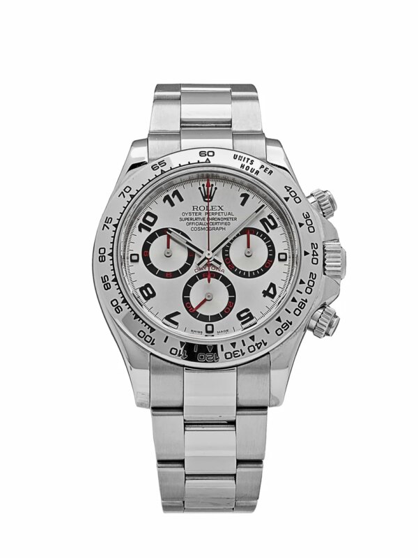 Rolex Daytona 116509 White Gold Watch with Silver Racing Dial, Oyster Bracelet, and Tachymetric Scale.