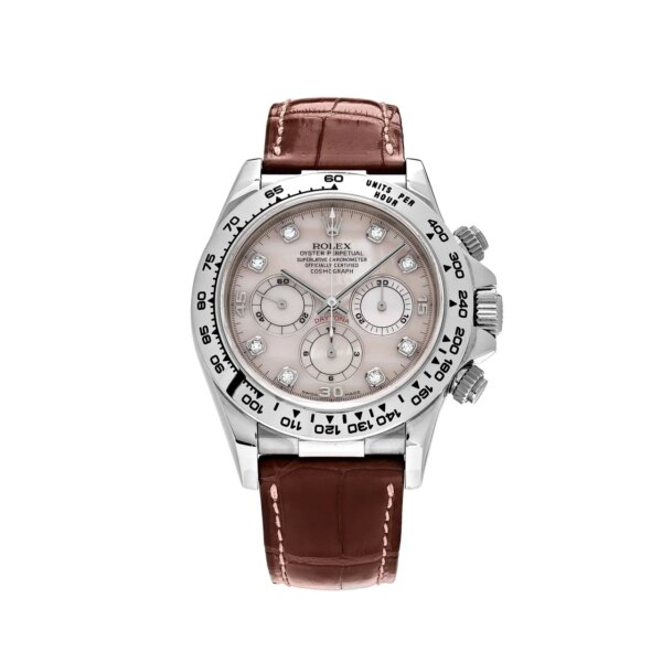 Rolex Daytona 116519 White Gold Watch with Rose Mother of Pearl Diamond Dial and Oyster Bracelet.