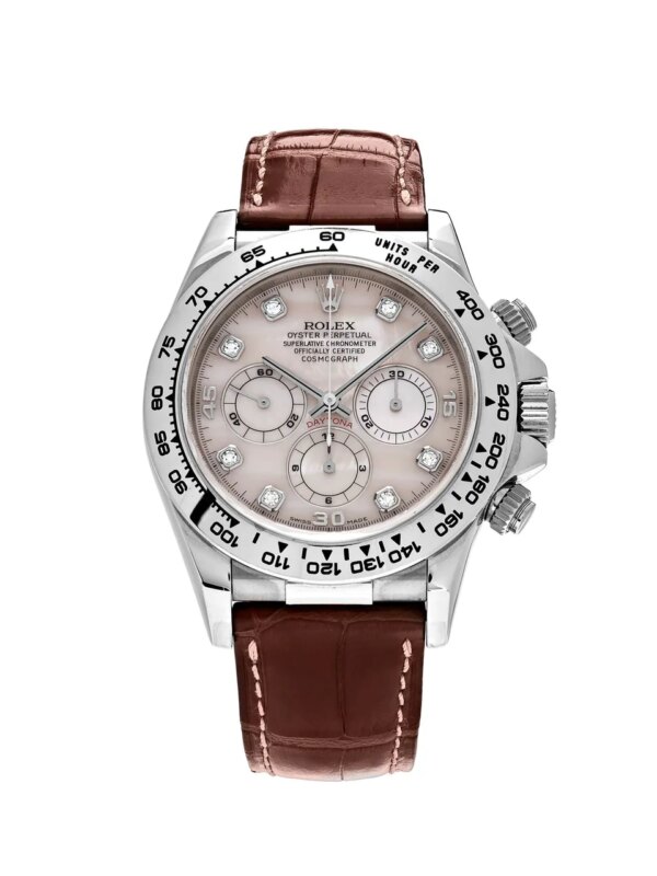 Rolex Daytona 116519 White Gold Watch with Rose Mother of Pearl Diamond Dial and Oyster Bracelet.