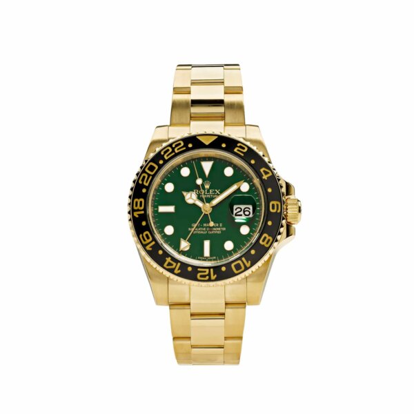 Rolex GMT-Master II 116718LN in 18k yellow gold with a vibrant green dial and black Cerachrom bezel, featuring a matching yellow gold Oyster bracelet.