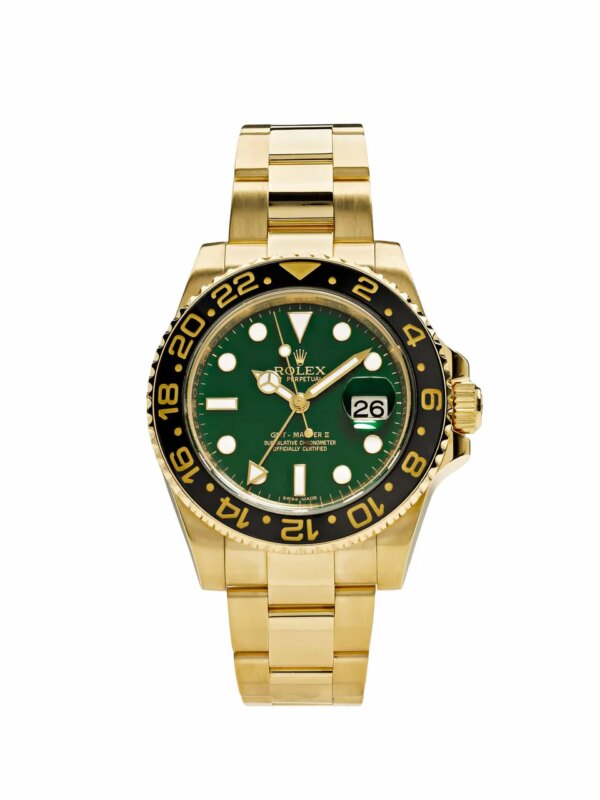 Rolex GMT-Master II 116718LN in 18k yellow gold with a vibrant green dial and black Cerachrom bezel, featuring a matching yellow gold Oyster bracelet.