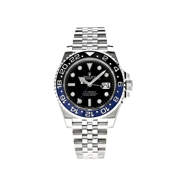 Rolex GMT-Master II 126710BLNR 'Batgirl' in stainless steel with blue and black Cerachrom bezel, black dial, and Jubilee bracelet for dual-time tracking and luxury travel.