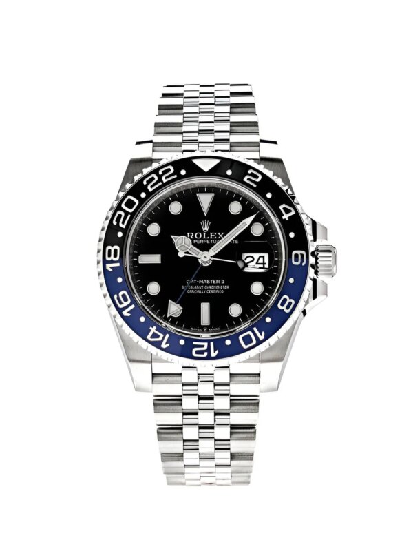 Rolex GMT-Master II 126710BLNR 'Batgirl' in stainless steel with blue and black Cerachrom bezel, black dial, and Jubilee bracelet for dual-time tracking and luxury travel.
