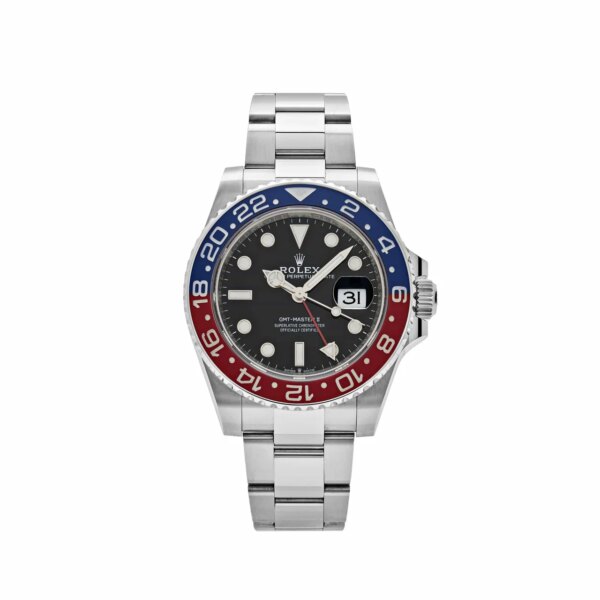 Explore the Rolex GMT-Master II 126710BLRO 'Pepsi' (2023) with its iconic red and blue bezel, 40mm stainless steel case, black dial, and Oyster bracelet, designed for dual-time tracking.