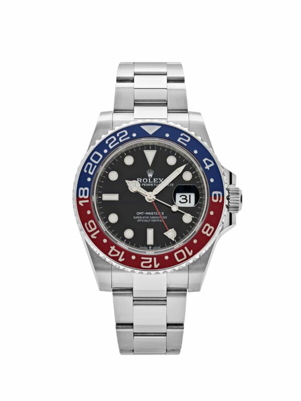 Explore the Rolex GMT-Master II 126710BLRO 'Pepsi' (2023) with its iconic red and blue bezel, 40mm stainless steel case, black dial, and Oyster bracelet, designed for dual-time tracking.