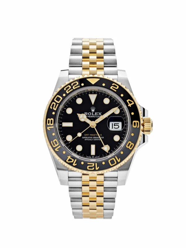 Rolex GMT-Master II 126713GRNR in stainless steel and yellow gold with a black dial, ceramic bezel, and Jubilee bracelet, blending luxury and functionality.