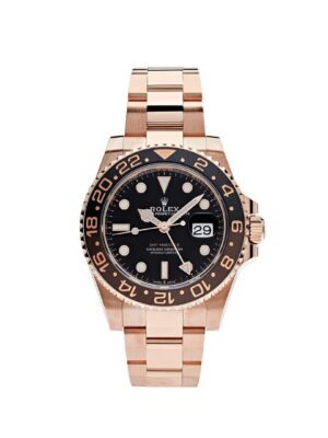Rolex GMT-Master II 126715CHNR 'Root Beer' in 18k Everose gold with a black dial and black/brown Cerachrom bezel, featuring an Everose gold Oyster bracelet.