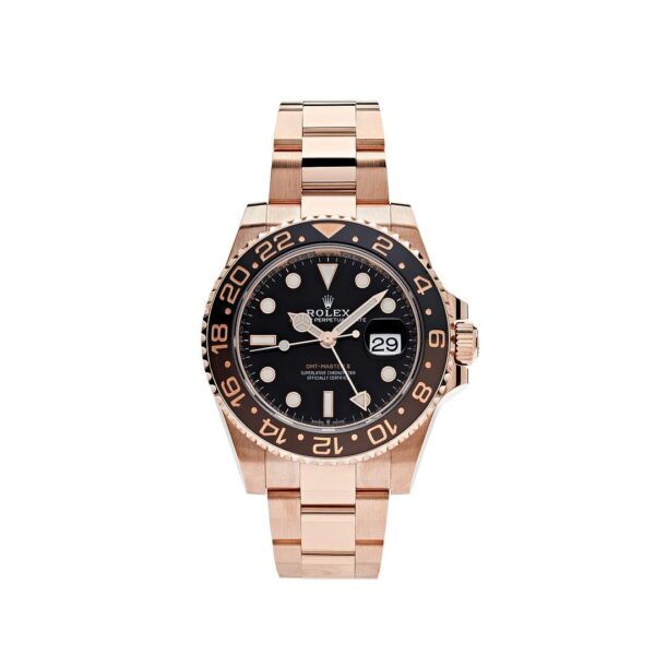 Rolex GMT-Master II 126715CHNR 'Root Beer' in 18k Everose gold with a black dial and black/brown Cerachrom bezel, featuring an Everose gold Oyster bracelet.