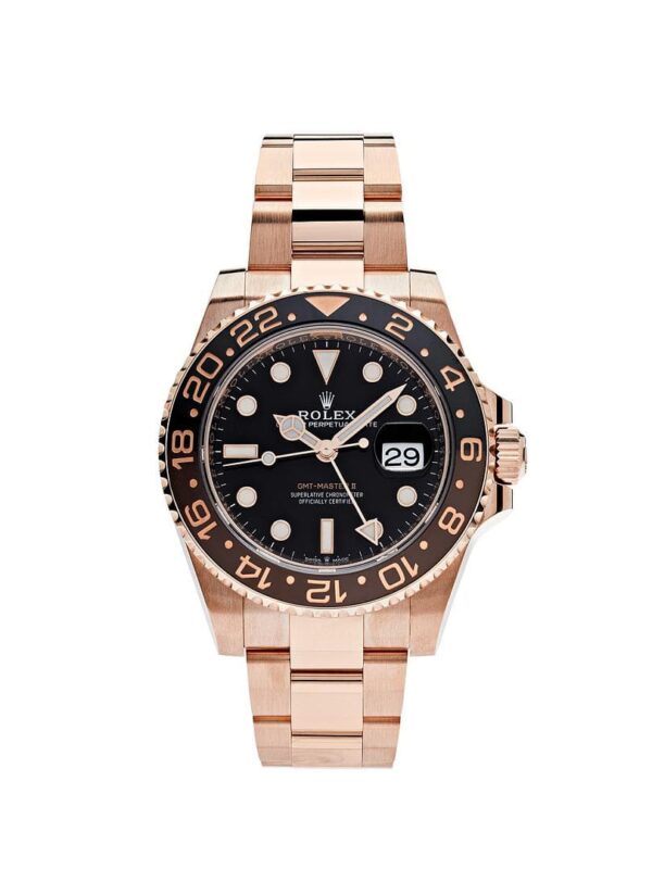 Rolex GMT-Master II 126715CHNR 'Root Beer' in 18k Everose gold with a black dial and black/brown Cerachrom bezel, featuring an Everose gold Oyster bracelet.