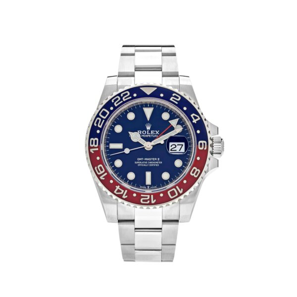 Rolex GMT-Master II 126719BLRO 'Pepsi' in white gold with blue dial, red and blue Cerachrom bezel, and Oyster bracelet for dual-time tracking and luxury performance.
