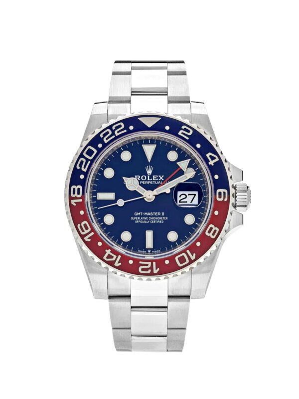 Rolex GMT-Master II 126719BLRO 'Pepsi' in white gold with blue dial, red and blue Cerachrom bezel, and Oyster bracelet for dual-time tracking and luxury performance.