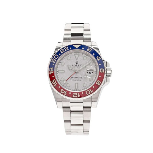 Rolex GMT-Master II 126719BLRO 'Pepsi' with 18k white gold case, red and blue Cerachrom bezel, and rare meteorite dial for ultimate luxury and precision.