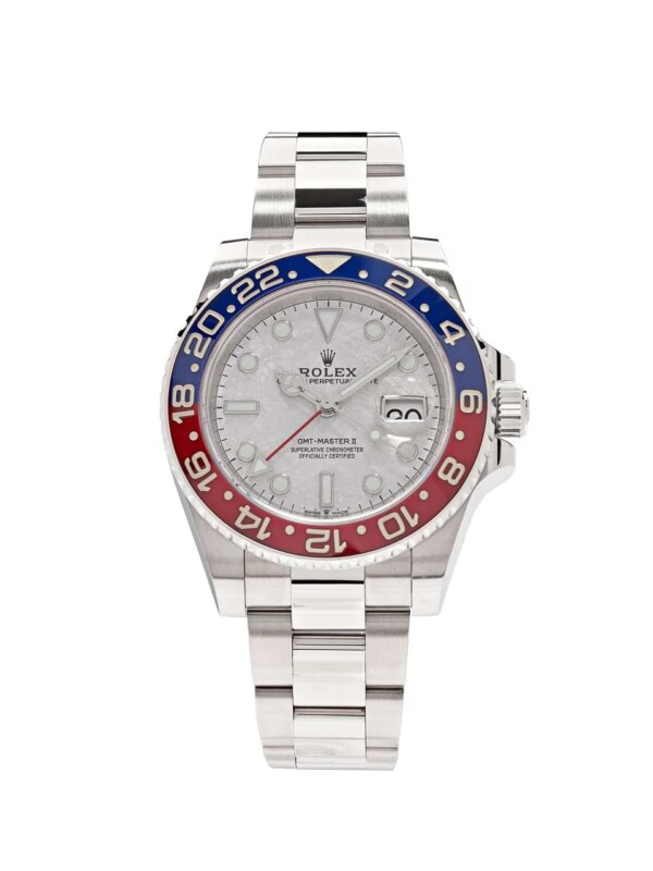 Rolex GMT-Master II 126719BLRO 'Pepsi' with 18k white gold case, red and blue Cerachrom bezel, and rare meteorite dial for ultimate luxury and precision.