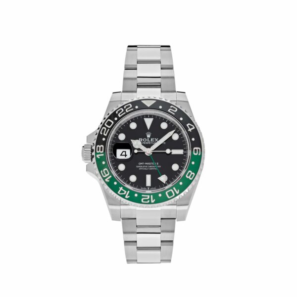 Rolex GMT-Master II 126720VTNR 'Sprite' Lefty (2024) in stainless steel with green and black Cerachrom bezel, left-side crown, Oyster bracelet, and dual-time zone functionality.