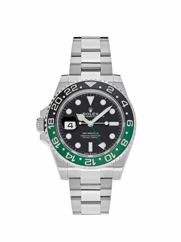 Rolex GMT-Master II 126720VTNR 'Sprite' Lefty (2024) in stainless steel with green and black Cerachrom bezel, left-side crown, Oyster bracelet, and dual-time zone functionality.