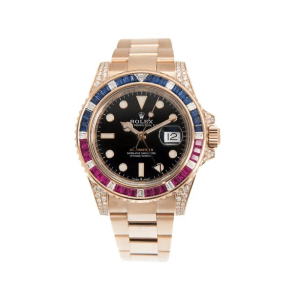 Rolex GMT-Master II 126755SARU 'SARU' in Everose Gold with a black dial, diamond, sapphire, and ruby-set bezel, displaying luxury and precision craftsmanship.